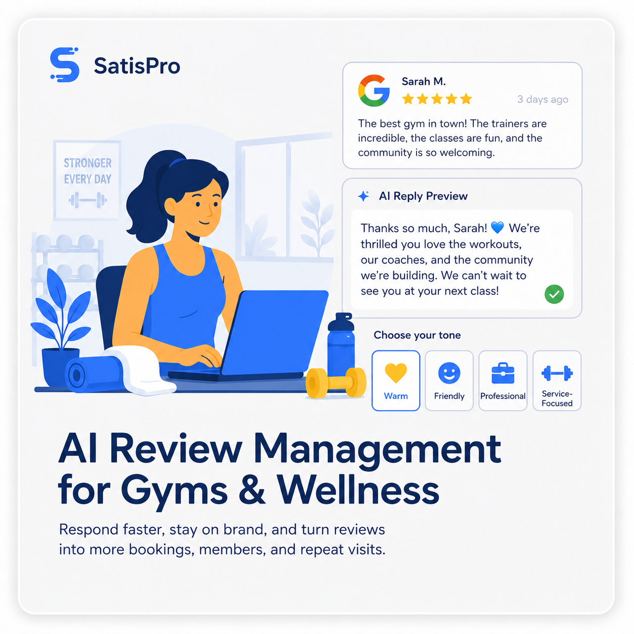 SatisPro AI review management for gyms and wellness brands, drafting a fast, on-brand reply to a five-star Google review