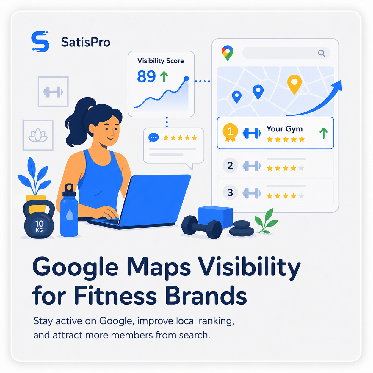 SatisPro Google Maps visibility view for fitness brands showing a strong visibility score and a gym ranked #1 in local search