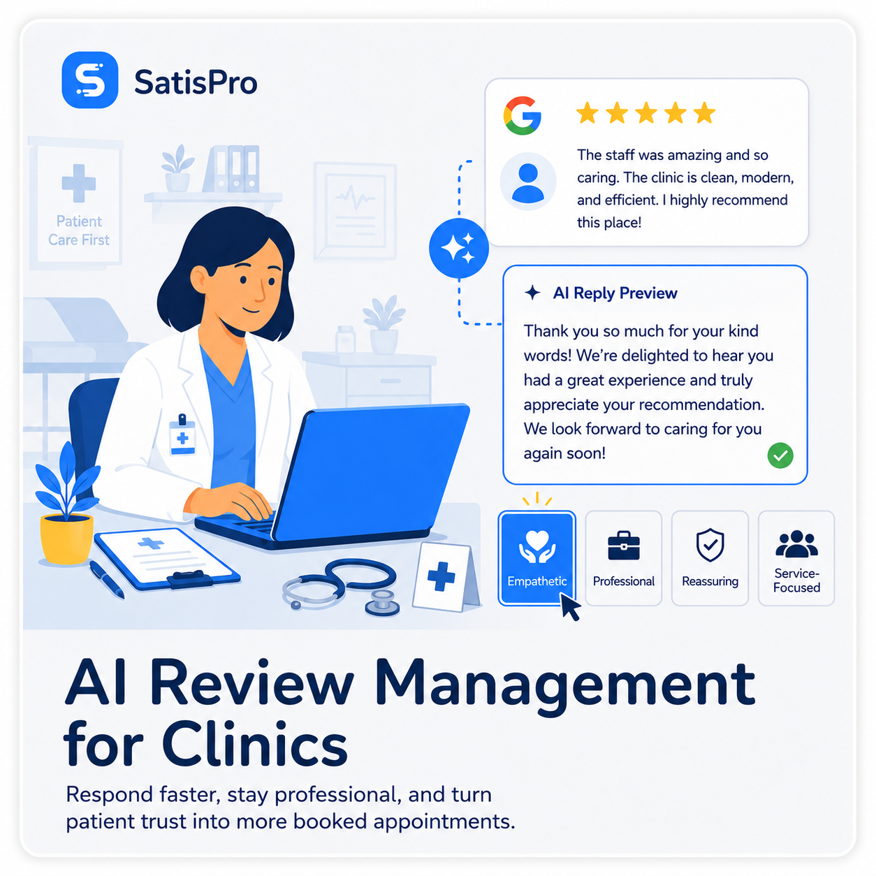 SatisPro AI review management for clinics, drafting an empathetic, on-brand reply to a five-star patient Google review with empathetic, professional, and reassuring tone options