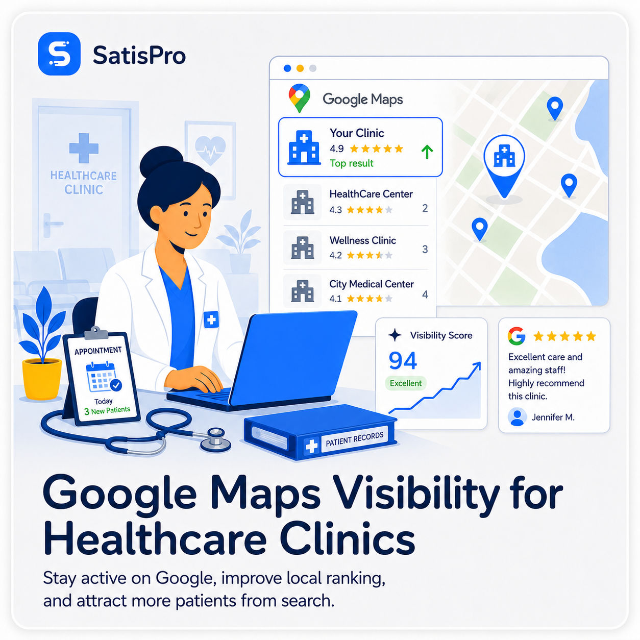 SatisPro Google Maps visibility view for healthcare clinics showing a 94 visibility score and a clinic ranked as the top result in local search