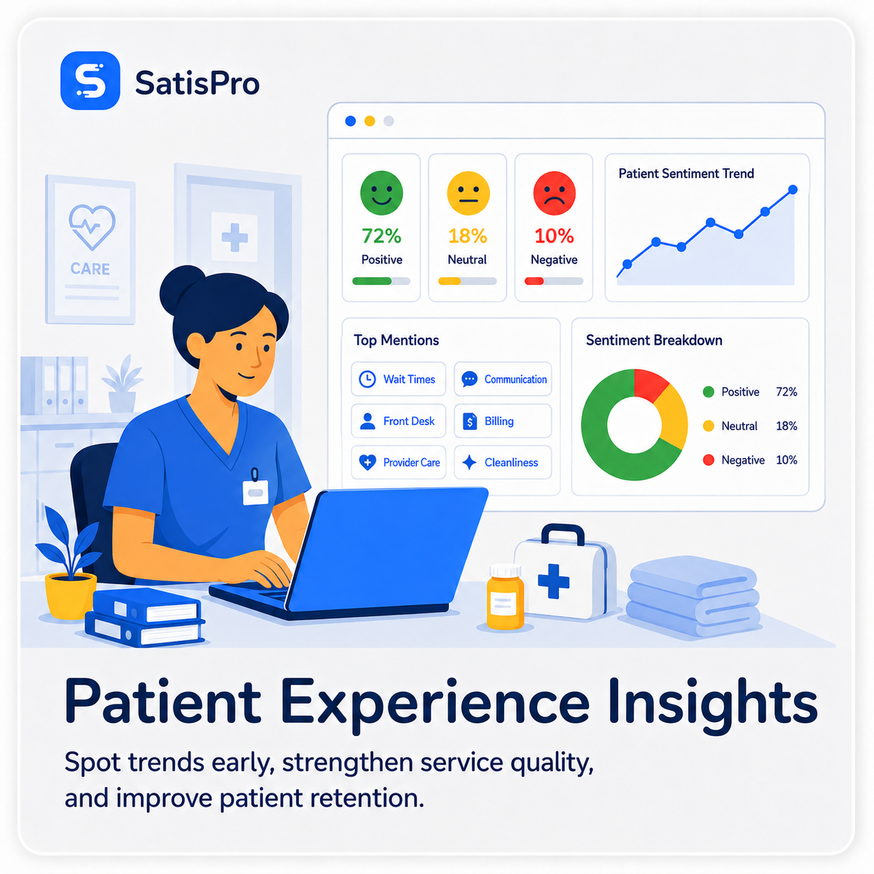 SatisPro patient experience insights dashboard showing 72% positive sentiment, top mentions like wait times and communication, and a patient sentiment trend