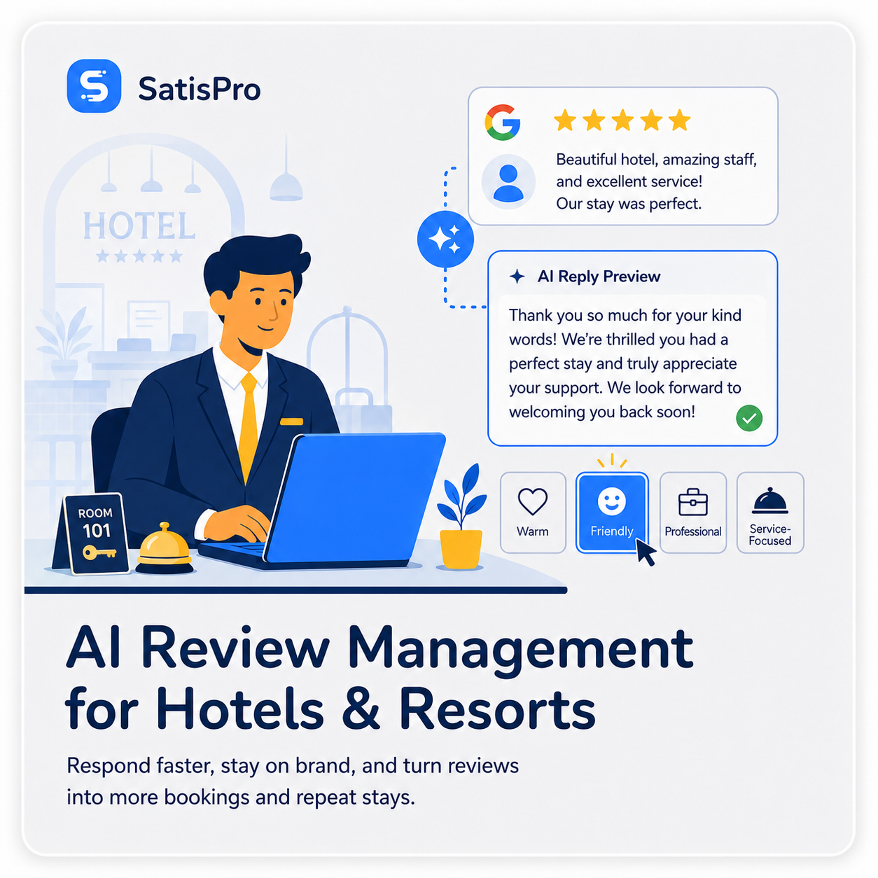 SatisPro AI review management for hotels and resorts, drafting a fast, on-brand reply to a five-star Google review with warm, friendly, and professional tone options