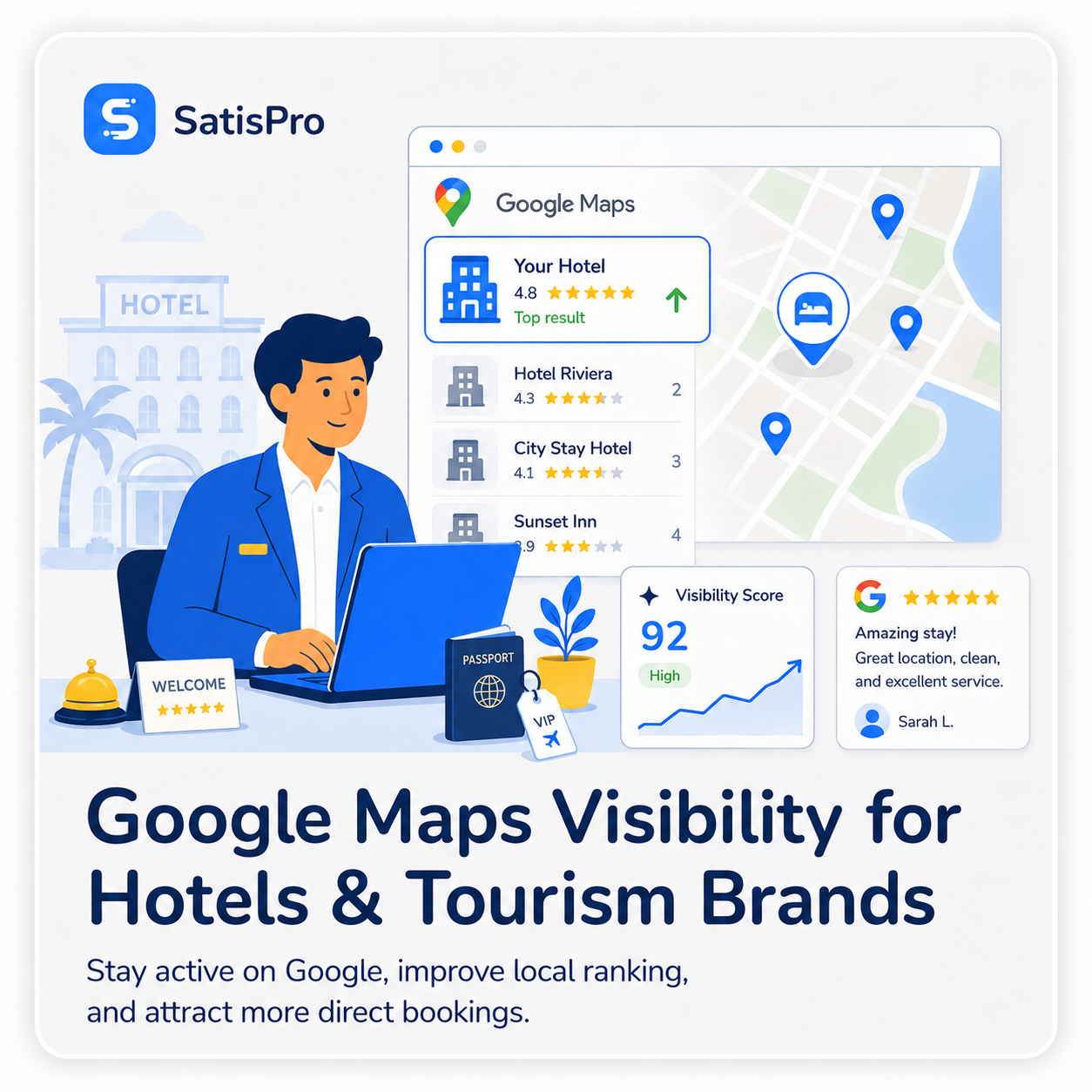 SatisPro Google Maps visibility view for hotels and tourism brands showing a 92 visibility score and a hotel ranked as the top result in local search
