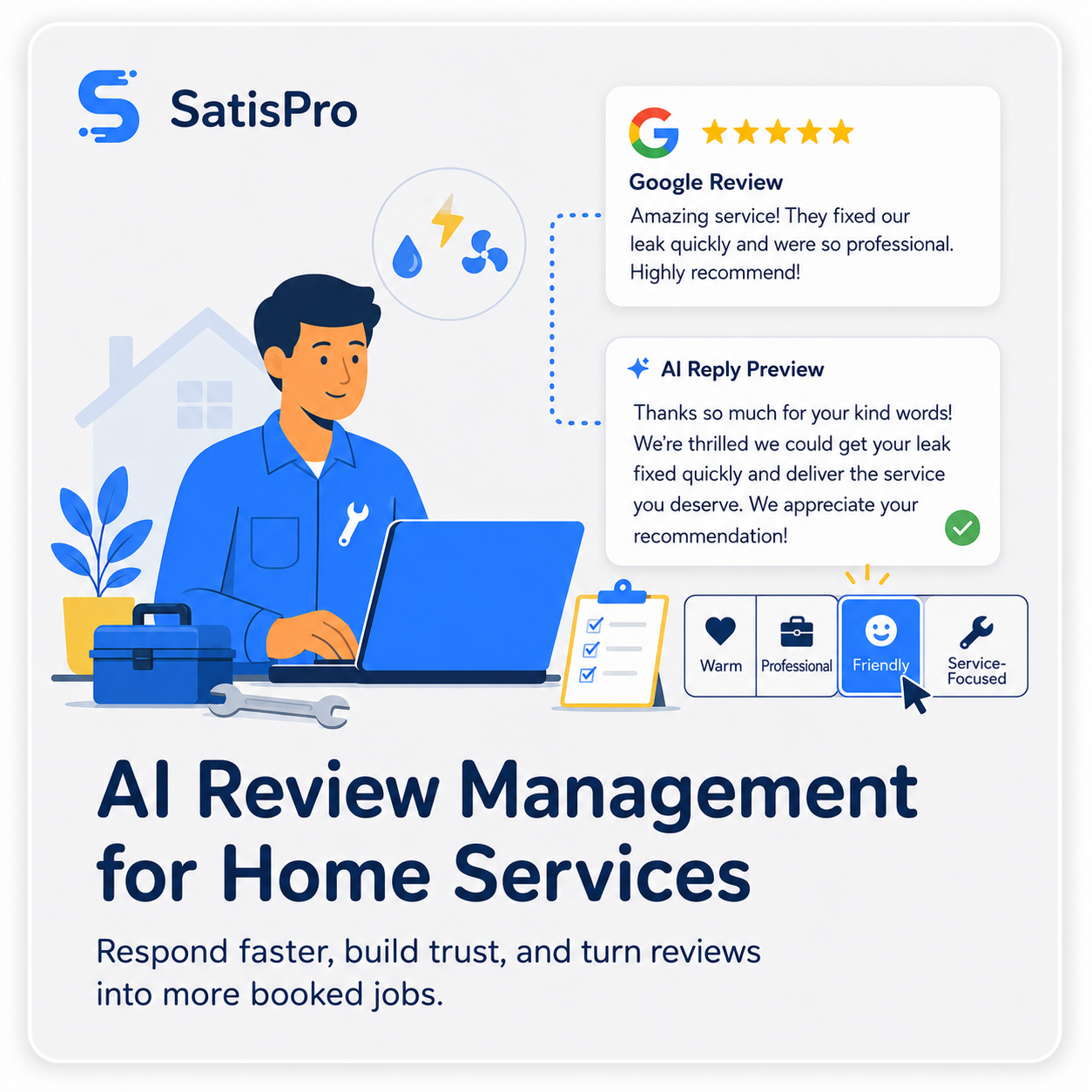 SatisPro AI review management for home services, drafting a fast, on-brand reply to a five-star Google review for a plumber with warm, friendly, and professional tone options