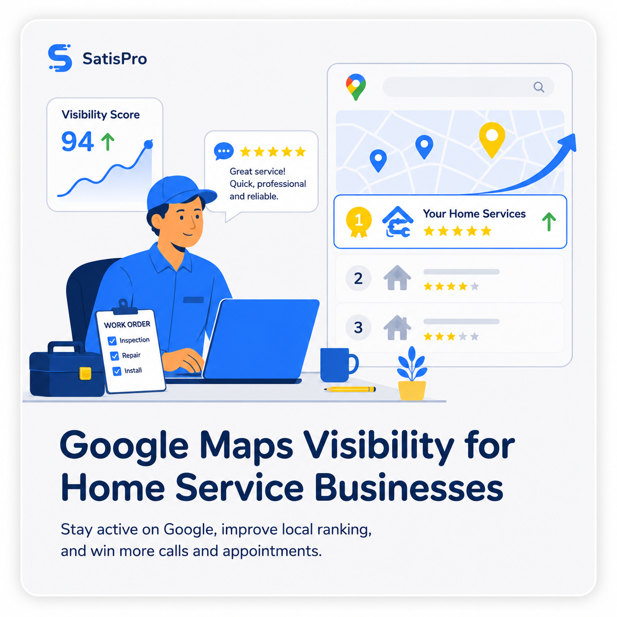 SatisPro Google Maps visibility view for home service businesses showing a 94 visibility score and a company ranked #1 in local search
