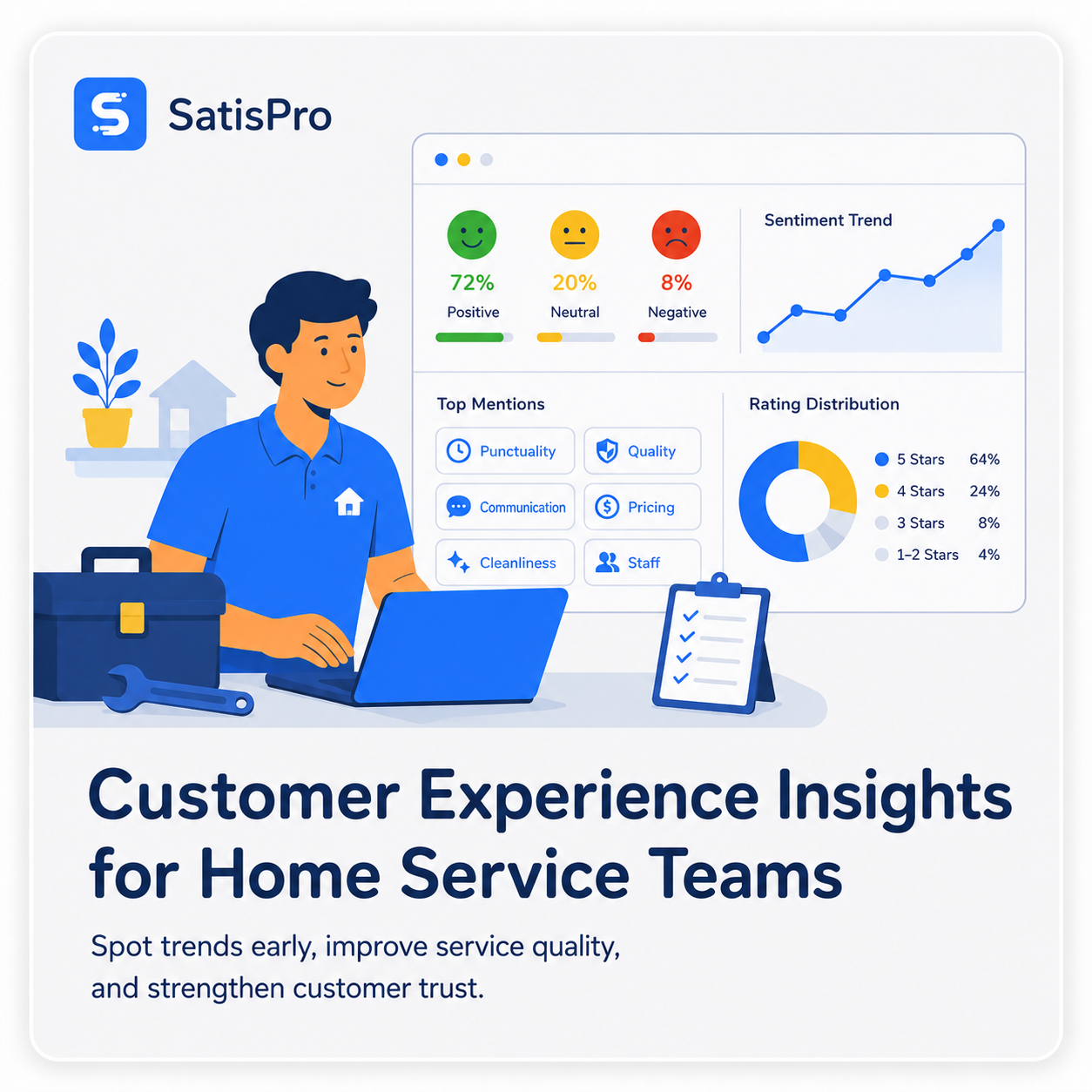 SatisPro customer experience insights dashboard for home service teams showing 72% positive sentiment, top mentions like punctuality and quality, and a rating distribution